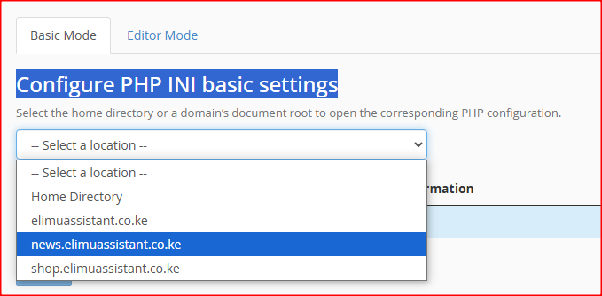 Configure PHP INI Basic Settings
Select the location where you want to apply the changes.