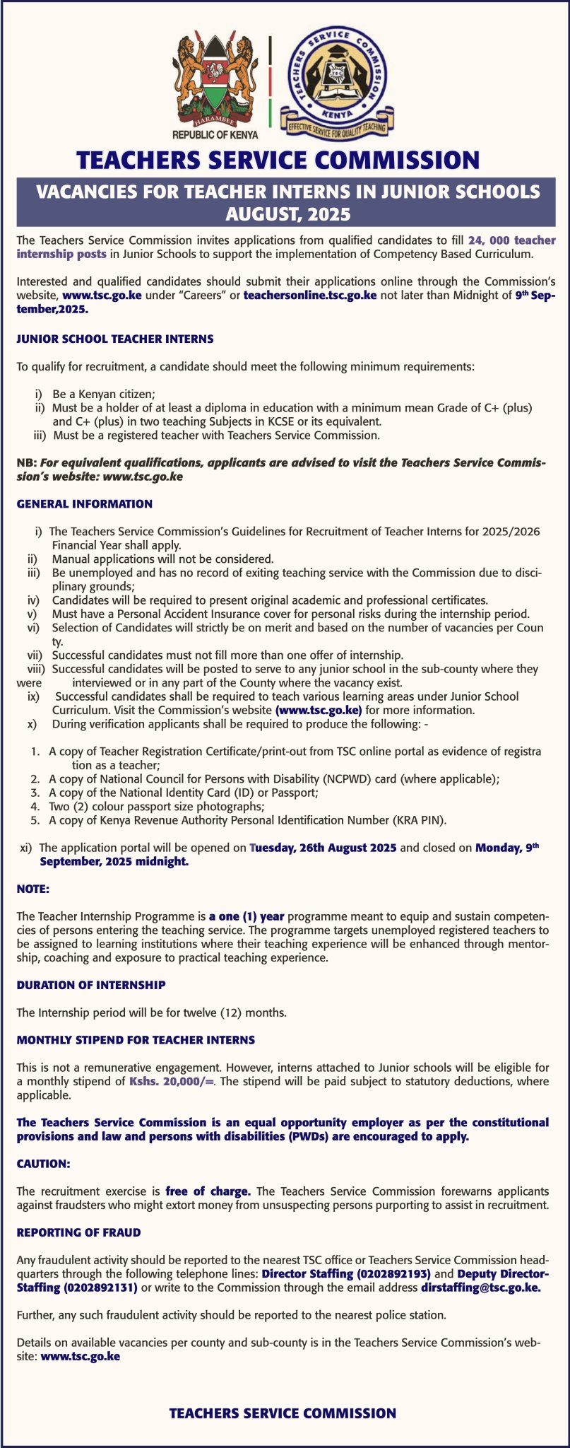 Application portal for 24,000 VACANCIES FOR TEACHER INTERNS IN JUNIOR SCHOOLS AUGUST, 2025 is open.